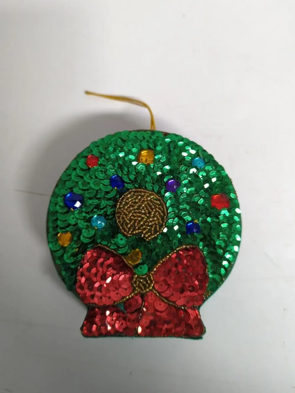 Vtg 4” Christmas Wreath Green Sequin Bead Trinket Box Ornament